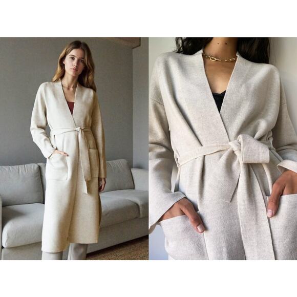 Wilfred Aritzia Belize Belted Cardigan Sweater Merino Wool Heather Gray Pockets